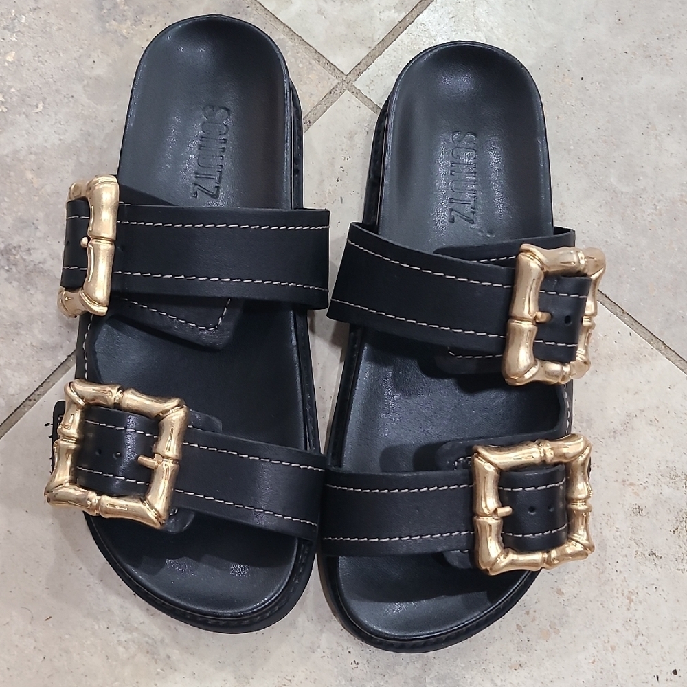 SCHUTZ Black Slides with Gold Accents - Picture 1 of 8